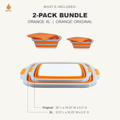 Drip EZ Collapsible BBQ Prep Tub 2-Piece Set - (1) OG + (1) XL - Orange New