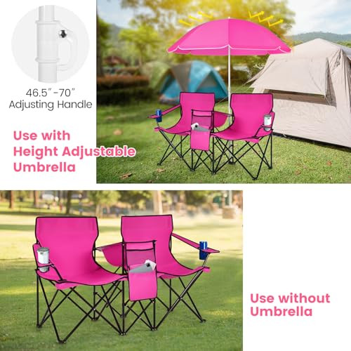 KOTEK Double Camping Chair Folding Removable Umbrella Cup Holders (Pink)