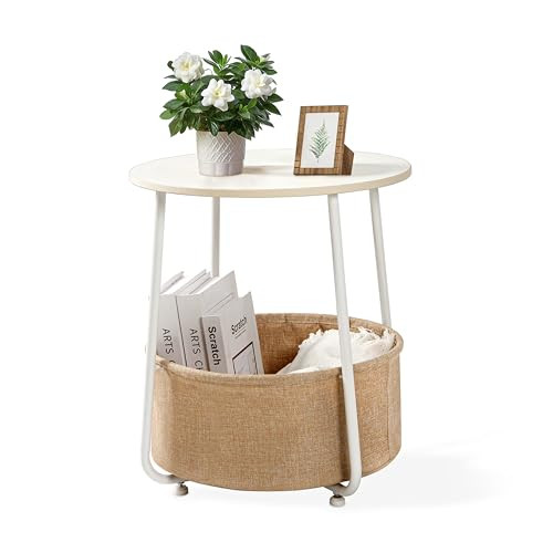 YSSOA Round Side Table, End Tables for Living Room, Small Bed Side - White/Biege