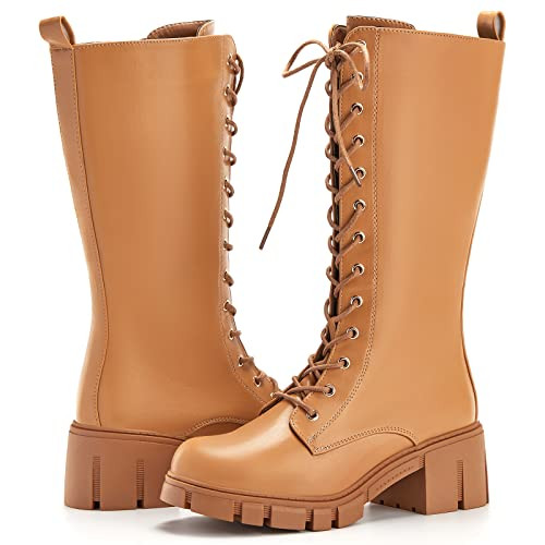 TINSTREE Mid Chunky Boots for Women Buckle Leather Combat Lace Up Mid-Calf Brown