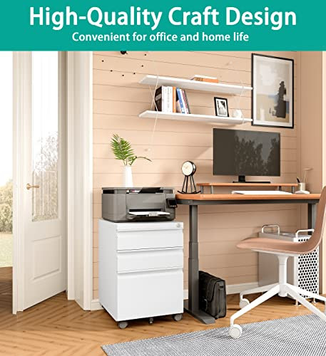 SISESOL 3 Drawer Mobile File Cabinet Under Desk Storage, Lock, 11" - White