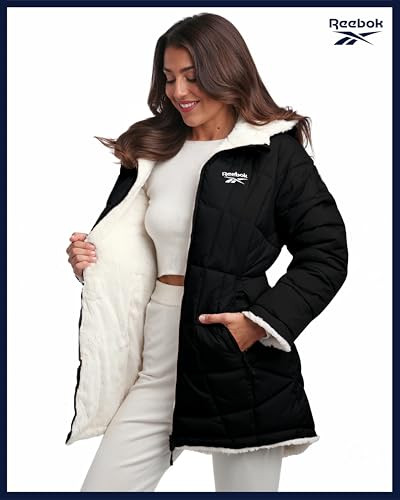 Reebok Womens Winter Jacket - Reversible Sherpa-Lined Puffer Faux Fur Hood New