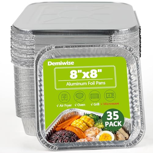 Demiwise Thickened 35 Pack Heavy Duty Aluminum Pans Lids 8x8 Square - Silver