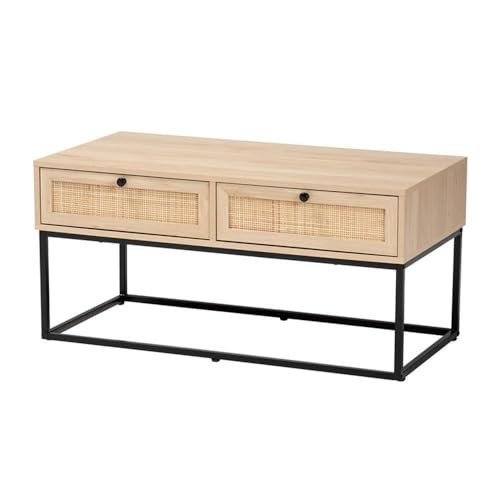 Baxton Studio Amelia Brown Wood Natural Rattan 2-Drawer Coffee Table New