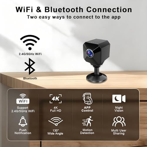 FXURLE Mini Wireless Camera 4K HD Nanny Cam 2.4/5GHz WiFi u6 - Black