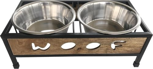 Indipets WOOF Design Wooden and Iron Stand with Stainless-Steel Bowls - Medium