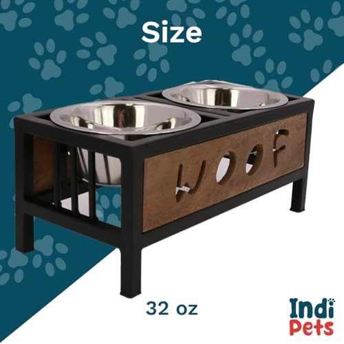 Indipets WOOF Design Wooden and Iron Stand with Stainless-Steel Bowls - Medium