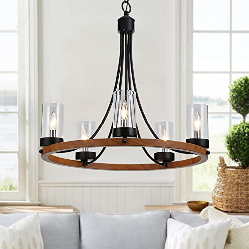 Maxax 5 Lights Wagon Wheel Chandelier Rustic Farmhouse Ceiling Light - Black New