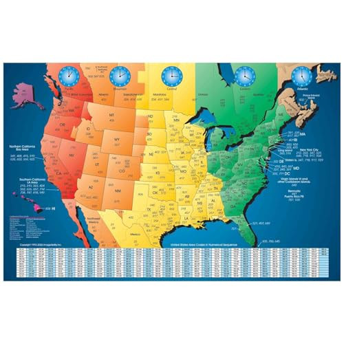 North America Satin Finish Full Color Time Zone Area Code Map, 24 by 36 Inch New