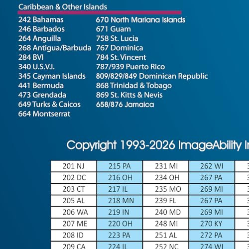 North America Satin Finish Full Color Time Zone Area Code Map, 24 by 36 Inch New