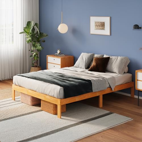 AVENCO SOLID WOOD PLATFORM BED FRAME, 12 INCH BED FRAME FULL SIZE - NATURAL OAK