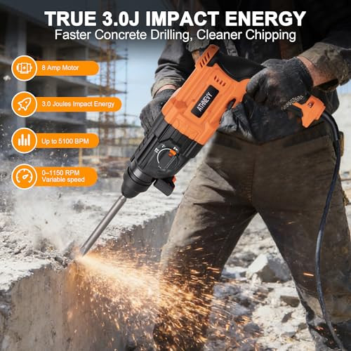 ATHNEVY 1" SDS-PLUS ROTARY HAMMER DRILL 8 AMP 3.0J 4-FUNCTION FA0701 - ORANGE