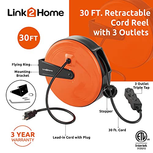 LINK2HOME 30 FT. RETRACTABLE EXTENSION CORD REEL, 3 OUTLETS, MOUNTABLE LA057D