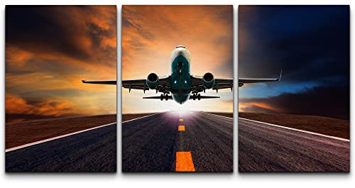 wall26 - Jet Plane Flying Over Runway - Canvas Art Wall Art - 16"x24"x3 Panels New