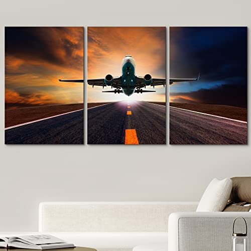 wall26 - Jet Plane Flying Over Runway - Canvas Art Wall Art - 16"x24"x3 Panels New