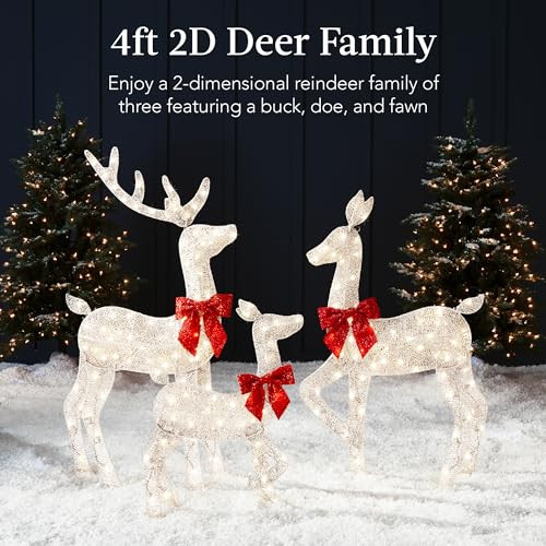 Best Choice Products 4ft 3-Piece 2D Lighted Christmas Deer Family Set - White New