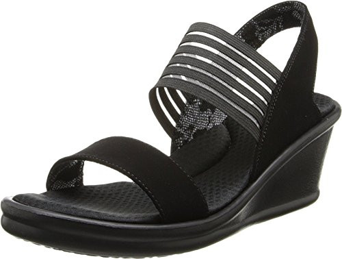 38472W BY SKECHERS CALI WOMEN'S RUMBLERS SCI-FI WEDGE SANDAL, SIZE 8 WIDE, BLACK