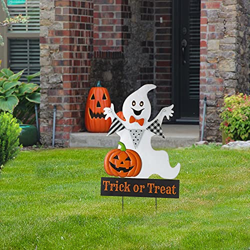Glitzhome 32" H Lighted Metal Ghost Yard Stake Halloween Yard Sign Stakes -White New