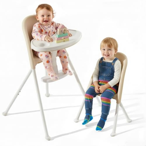 Mallify Foldable High Chair Space-Saving Portable Removable Double Tray - Beige