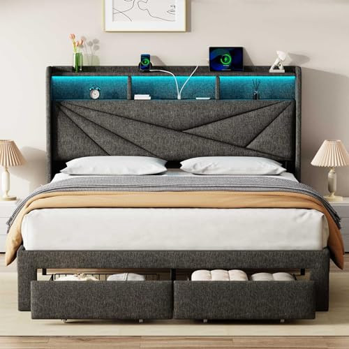 DRIFTALIA KING BED FRAME WITH 2 DRAWERS & CHARGING HEADBOARD DARK GRAY