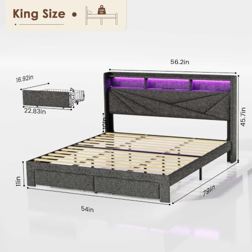 DRIFTALIA KING BED FRAME WITH 2 DRAWERS & CHARGING HEADBOARD DARK GRAY