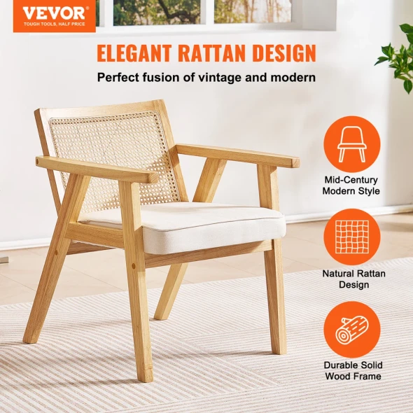 VEVOR RATTAN CHAIR OUTDOOR PATIO FURNITURE DINING CHAIR CUSHION ARMREST - BEIGE