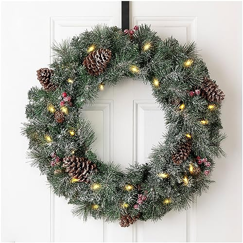 Glitzhome 24" D Pre-Lit Glittered Pine Cone Christmas Wreath Lights Timer New