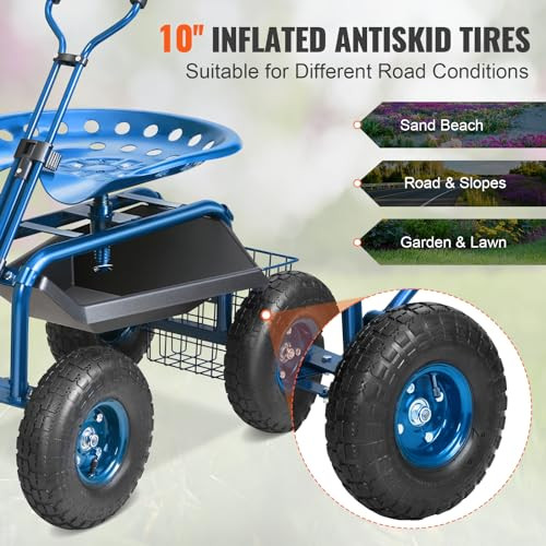 VEVOR Garden Cart Rolling Workseat with Wheels Wagon Scooter Steering Handle