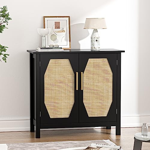 Giluta Black Sideboard Buffet Cabinet Natural Rattan Kitchen B0BY25F6L7 - Black