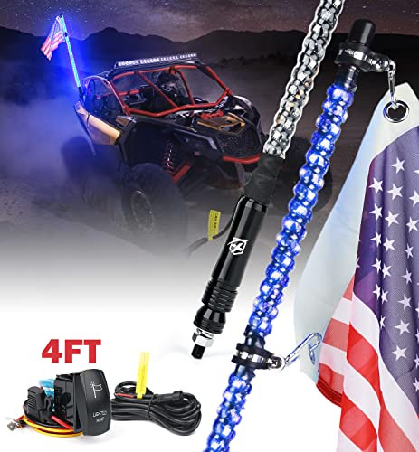 Xprite 4FT Blue LED Spiral Whip Lights Warning Safety Flexible Whips New