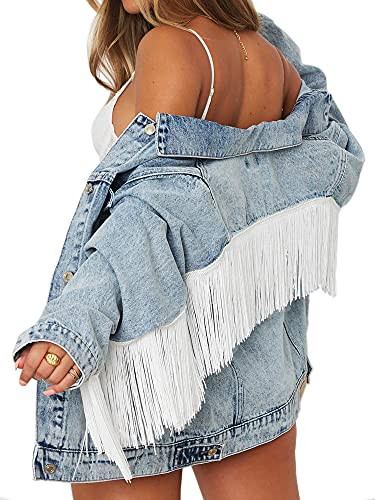 Eliacher Women's Boyfriend Denim Jacket Long Sleeve Coats (L, Fringe Trim)