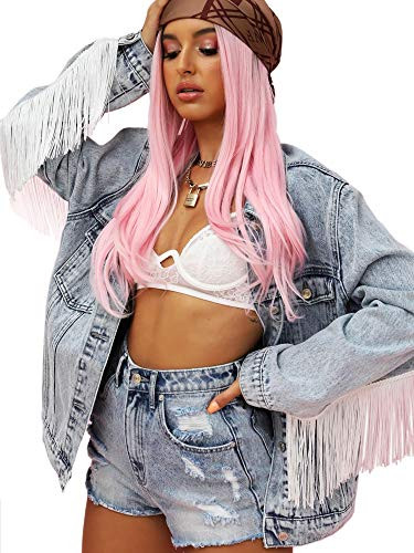 Eliacher Women's Boyfriend Denim Jacket Long Sleeve Coats (L, Fringe Trim)