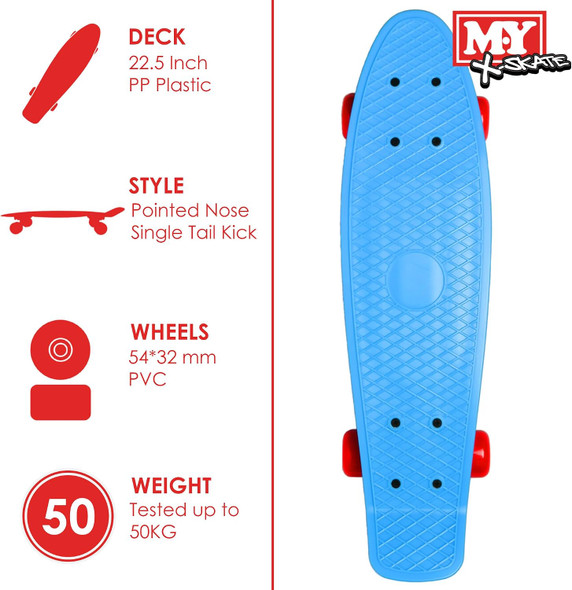 M.Y X-SKATE COMPLETE 22'' PLASTIC RETRO BEGINNER SKATEBOARD - BLUE/RED