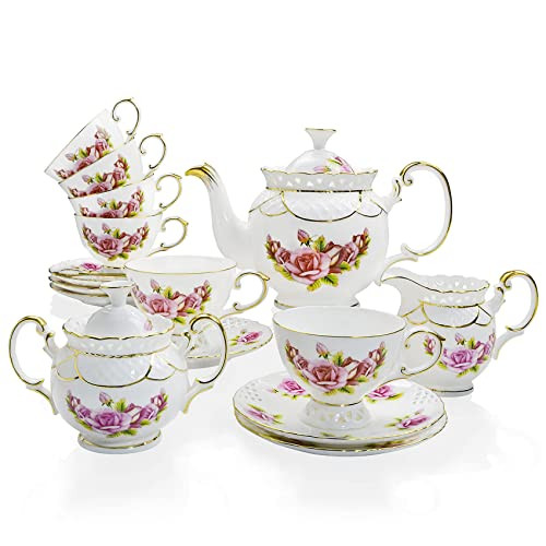 ACMLIFE Bone China Tea Set 21-Piece Tea Cups Tea Cups & Saucers Pink B09VGLHNCH New