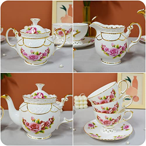 ACMLIFE Bone China Tea Set 21-Piece Tea Cups Tea Cups & Saucers Pink B09VGLHNCH New