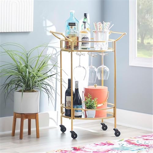 Linon Round Metal and Mirror Bar Cart B01IUKNBX4 - Gold New