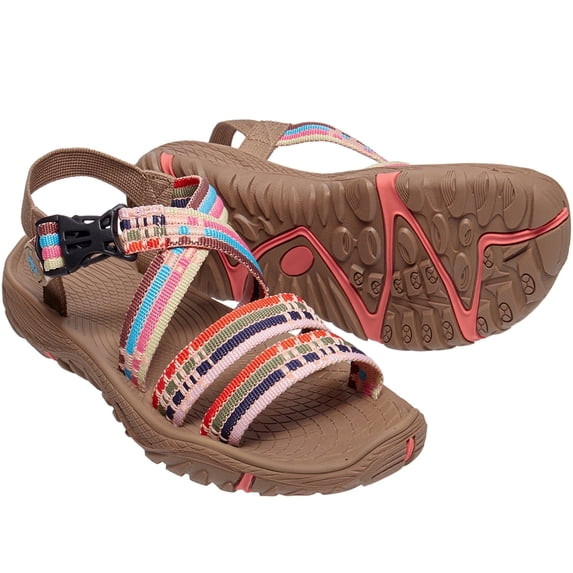 OUTPRO WOMENS HIKING OPEN TOE SANDALS - SIZE: WOMEN 8.5 - BROWN/MULTICOLOR