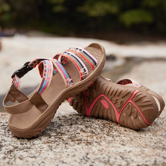 OUTPRO WOMENS HIKING OPEN TOE SANDALS - SIZE: WOMEN 8.5 - BROWN/MULTICOLOR