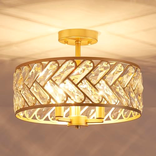 AGV LIGHTING CRYSTAL CEILING LIGHT, MODERN DESIGN, 3-LIGHTS, D15” X H11“ - GOLD