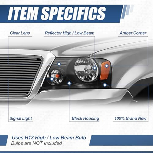 Auto Dynasty Headlights 04-08 Ford F-150 Lincoln Mark LT, Black Amber New