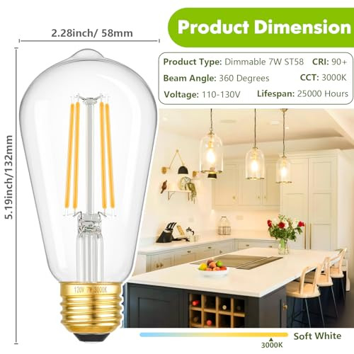 KONDRAS DIMMABLE LED BULBS 7W 850LUMENS 60W E26 ST58 Antique Light Bulbs 6-Pack