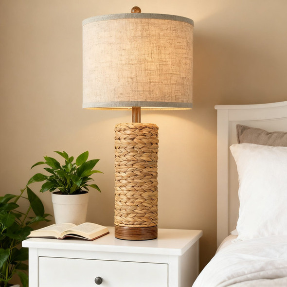 ROSECLIFF HEIGHTS RATTAN TABLE LAMP 2 USB PORTS HANDMADE SEAGRASS - TAN/BROWN