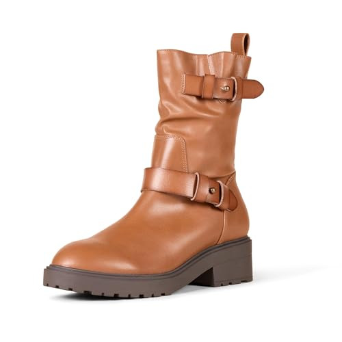 Amazon Essentials Women's Mid Calf Cropped Biker Boot, Faux Leather, Tan, 10.5 New