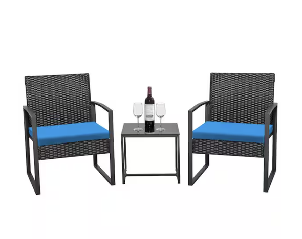 TOZEY 3-PIECE PATIO SETS STEEL OUTDOOR WICKER PATIO FURNITURE SETS - BLACK/BLUE