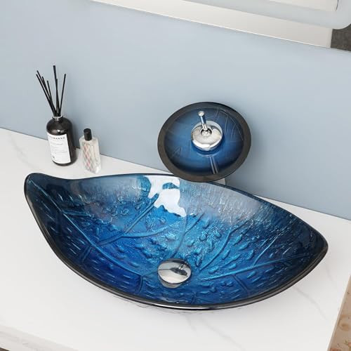 Oval Glass Vessel Sink Basin Combo Waterfall Faucet Pop Drain B0C77N29WB - Blue New