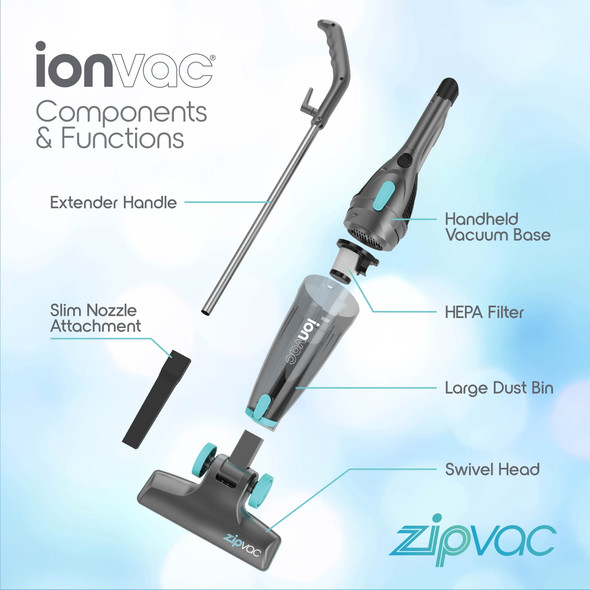 IONVAC ZIPVAC CORDED STICK VACUUM, MULTI-SURFACE 3-IN-1 - BLACK/LBLUE