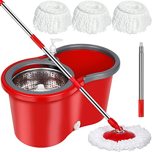Spin Mop Bucket Wringer Set with 3 Mop Refills Telescoping Rod 61" - B0BYSNZVF9 New