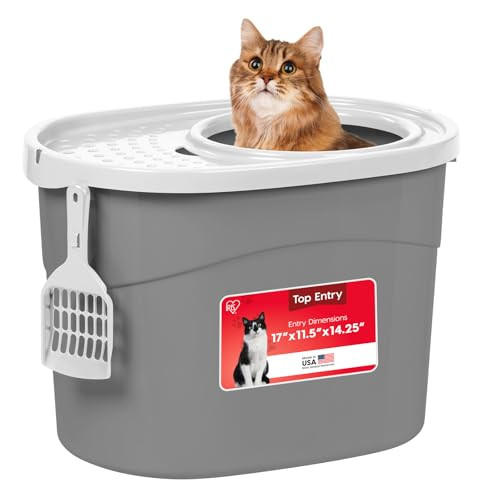 IRIS USA Top Entry Cat Litter Box Hooded Privacy Large B0768H1181 - Gray/White New