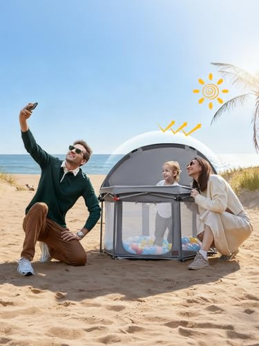 EVER ADVANCED FOLDABLE BABY PLAYPEN WITH 3CM MAT BABY BEACH TENT -GREY