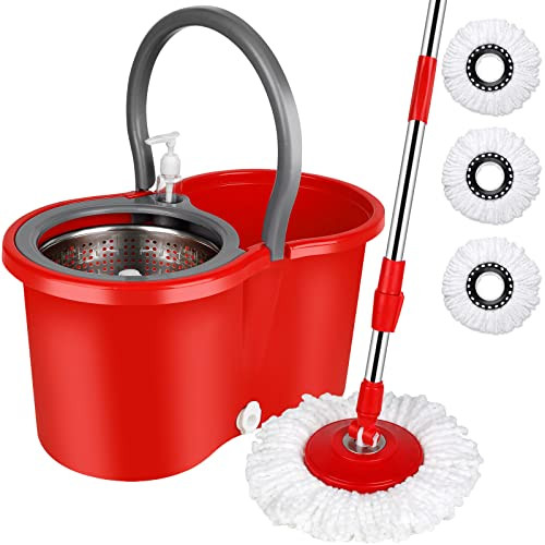 Spin Mop and Bucket with Wringer Set, 3 Microfiber Mop Heads, 61" Handle New